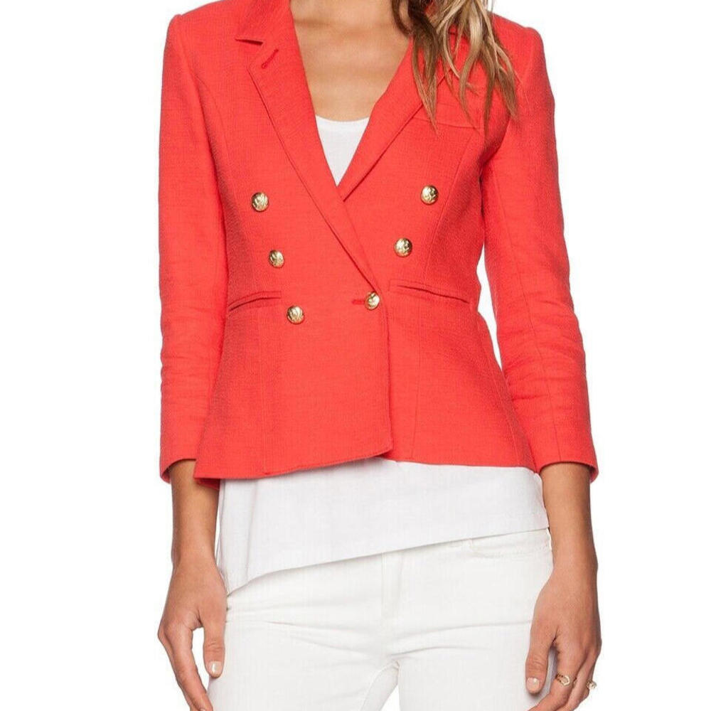 Smythe Coral-Red Peplum Double-Breasted Blazer